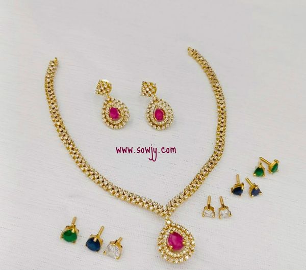 Gold Finish Diamond Replica Designer Gold Finish Necklace Set and Earrings with Changeable Stone Necklace in 4 Colors- Red,Green,Blue and White!!