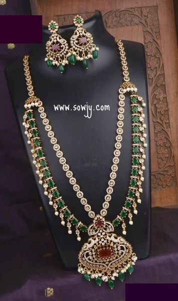 Very Grand Big AD Stone Peacock Pendant Two Layer Emerald and White AD Stones Long Haaram with Matching Earrings in Gold Finish !!!!