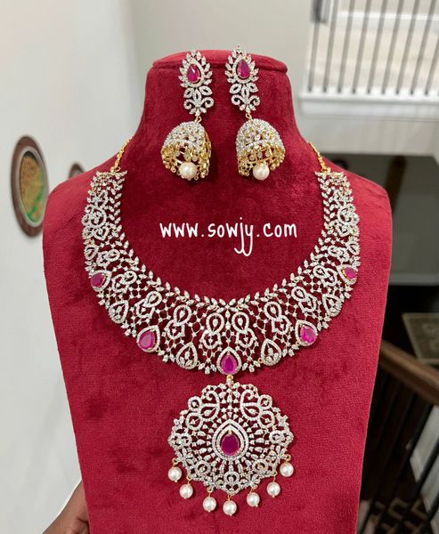 Very Grand and Broad Big Diamond Look Alike Designer Necklace with Removable Pendant and Long Designer Jhumkas- RUBY !!!!