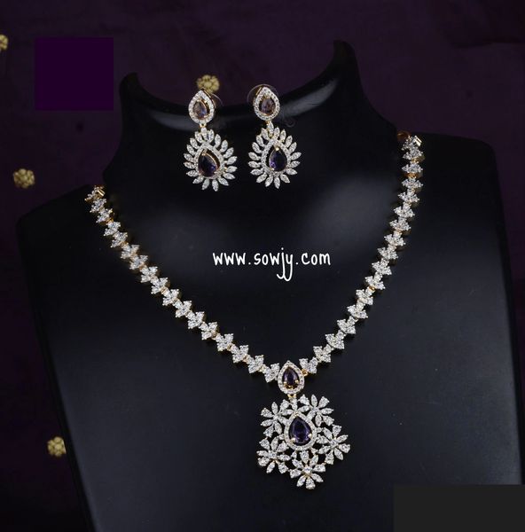 Lovely Flower Pattern Pendant Diamond Look Alike Necklace with Earrings- Purple Stone !!!