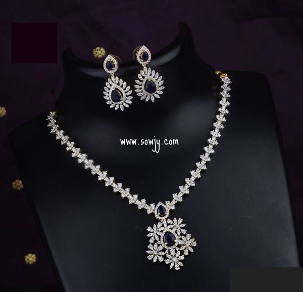 Lovely Flower Pattern Pendant Diamond Look Alike Necklace with Earrings- Sapphire/Navy Blue Stone !!!
