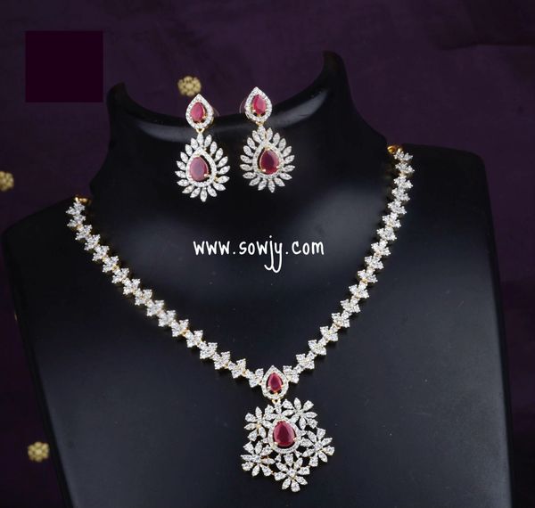 Lovely Flower Pattern Pendant Diamond Look Alike Necklace with Earrings- Ruby Red Stone !!!