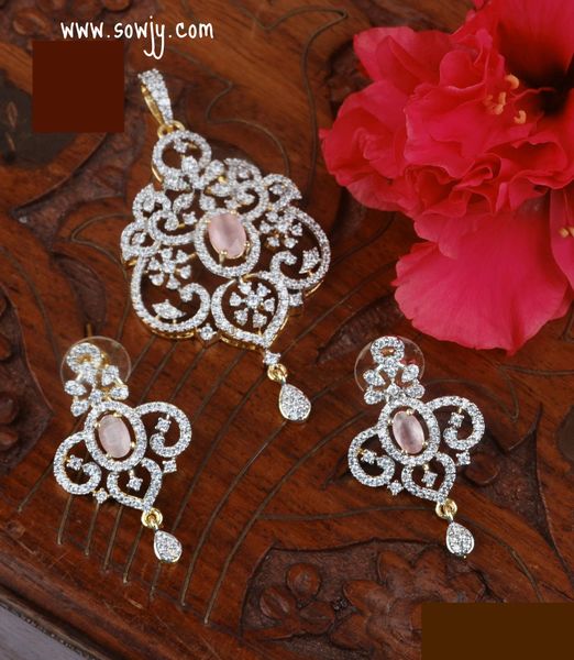 Lovely AD Stone Diamond Look Alike Pendant Set with Cute Medium Size Earrings- Pastel Pink !!!!