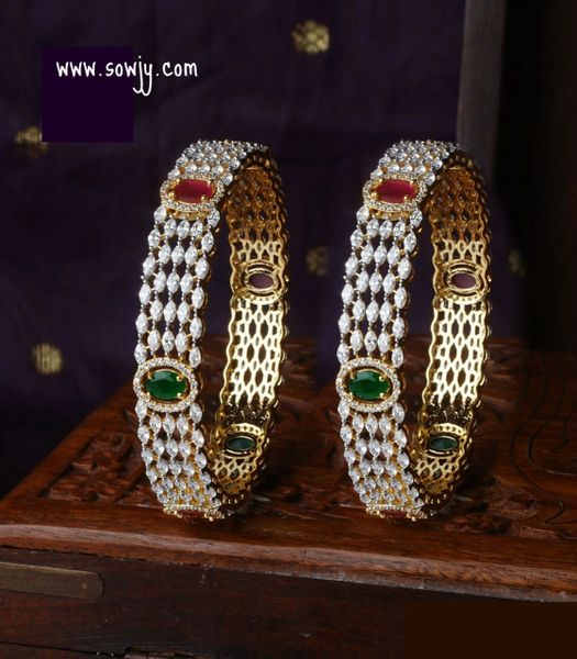 Very Grand Diamond Replica Gold Finish Bangles with Ruby and Emerald Stones- Size-2.8!!!