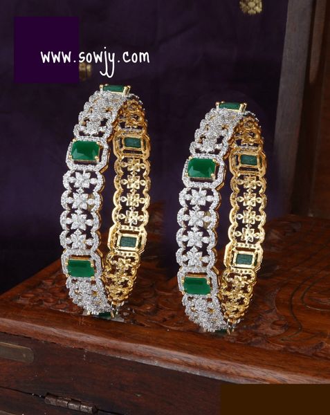 Very Grand Diamond Replica Gold Finish Bangles with Emerald Stones- Size-2.8!!!