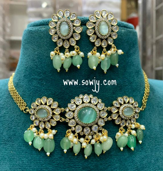 Sunflower Pattern Victorian Finish Choker Set with Monalisa Hanging Beads and Matching Earrings- Mint Green !!!!