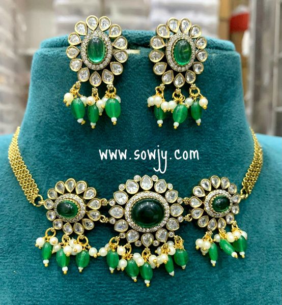 Sunflower Pattern Victorian Finish Choker Set with Monalisa Hanging Beads and Matching Earrings- Emerald Green !!!!