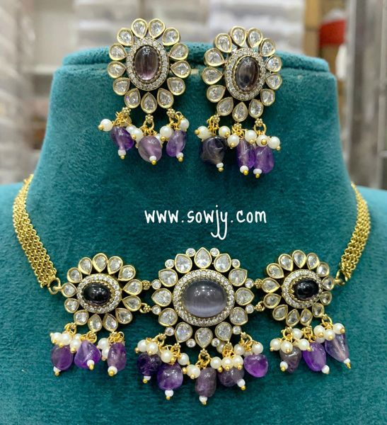 Sunflower Pattern Victorian Finish Choker Set with Monalisa Hanging Beads and Matching Earrings-Purple !!!!