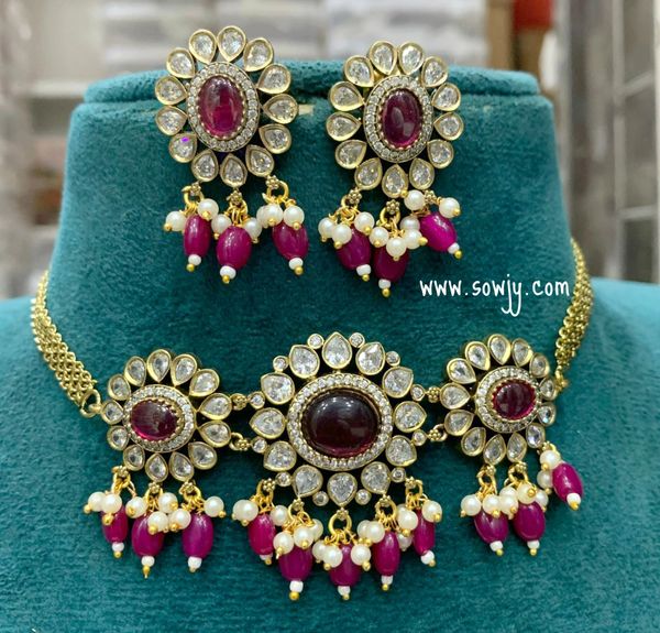 Sunflower Pattern Victorian Finish Choker Set with Monalisa Hanging Beads and Matching Earrings-Ruby Red!!!!