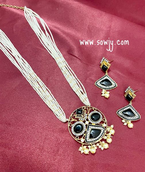 Beautiful Black Stone Pendant Layered Pearl Seed Beads Long Raani Haaram with Earrings !!!
