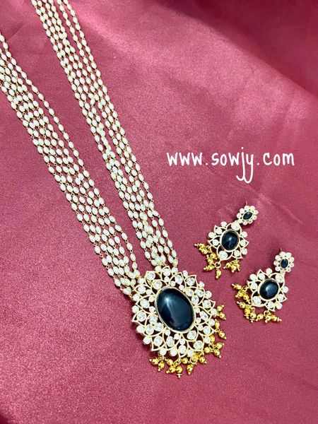 Lovely Floral Pendant with Uncut Big AD Stones in Gold Finish with Layered Premium Quality Rice Pearls Long Raani Haaram with Earrings- Center Black Stone!!!!