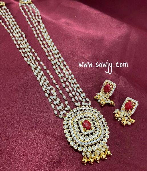 Lovely Uncut Big AD Stones Gold Finish Pendant in Layered Rice Pearls Long Raani Haaram with Earrings- Coral Center Stone!!!!