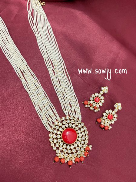 Lovely Uncut Big AD Stones Round Pendant in Gold Finish in Layered pearl Seed Beads Long Raani Haaram with Earrings- Coral Center Stone!!!