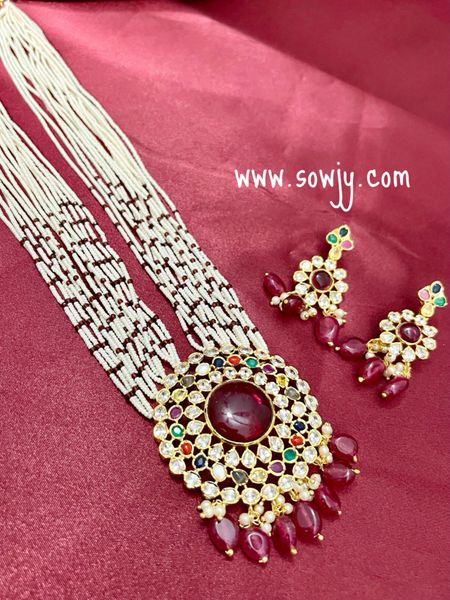 Lovely Navarathna Stones Big Uncut AD Stones Pendant in Long Layered pearl Seed Beads Raani Haaram with Earrings- Red Monalisa Hanging Beads!!!!