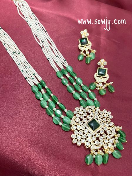 Big Uncut AD Stones Floral Big Pendant in Layered pearl Seeds Beads Long Raani Haaram with Earrings- GREEN !!!!