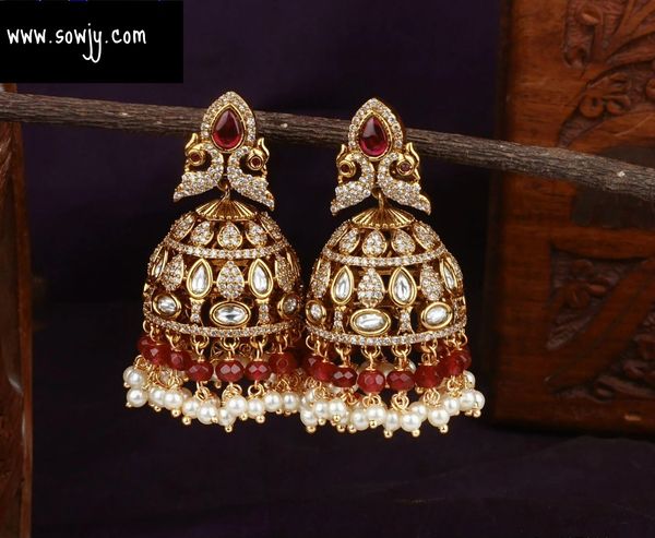 Peacock Designer Big Size Victorian Finish Moissanite Stones Jhumkas- RED - !!!!