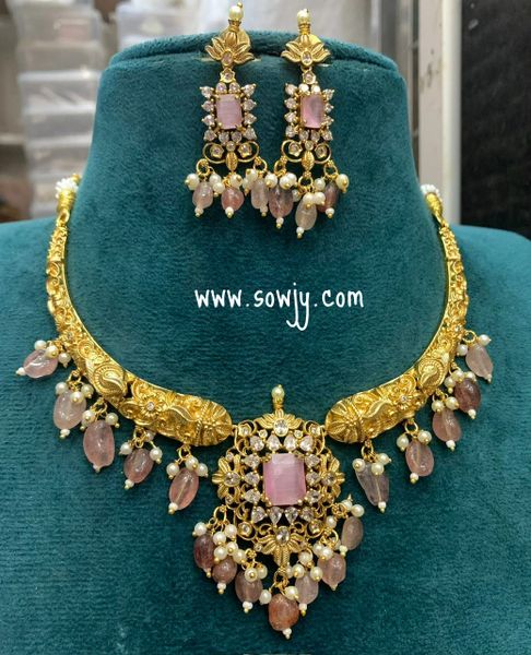 Lovely Floral Pendant Kante Type Necklace in Gold Finish with Matching Earrings- Pastel Pink Stones!!!