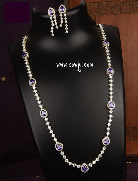 Lovely Diamond Look ALike Long Tear Drop Designer Necklace with Matching Earrings - Purple/Amethyst Stones!!!