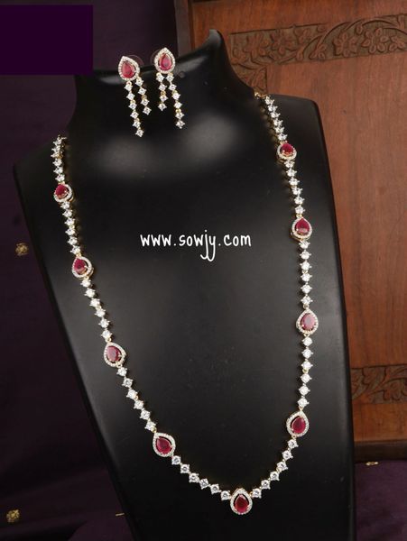 Lovely Diamond Look ALike Long Tear Drop Designer Necklace with Matching Earrings - Ruby Red Stones!!!