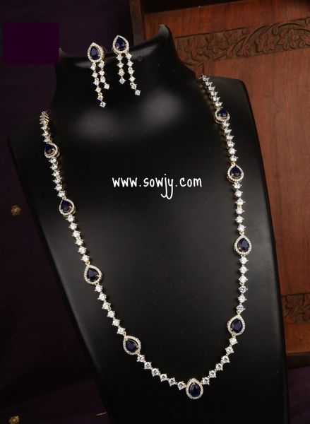 Lovely Diamond Look ALike Long Tear Drop Designer Necklace with Matching Earrings - Navy Blue/Sapphire Stones!!!