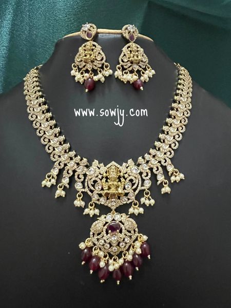 Grand Victorian Finish Lakshmi Pendant Short Haaram with Earrings- Ruby and Pearl Hanging Beads!!!