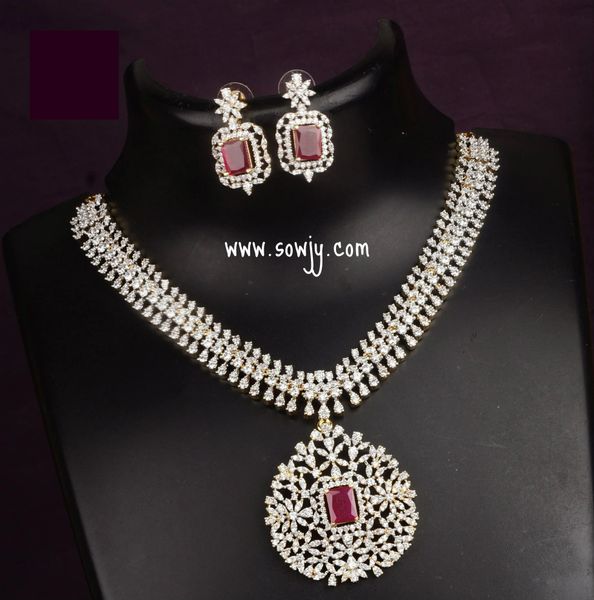 Beautiful Floral Pendant Gold Diamond Look Alike Necklace with Earrings- Ruby STones!!!!