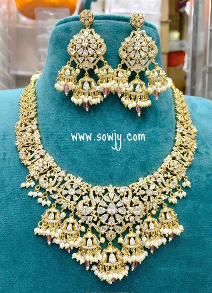 Very Grand Big Size Peacock AD Stone Jhumka Necklace with Big and Long Earrings- Red and Pearl Hangings!!!!