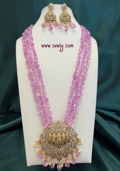 Beautiful Panchamukha(5 Faced) Ganesha Gold Finish AD Stone Big Pendant in Three Layer Premium Quality Tourmaline Beads Long Necklace with Earrings-Onion Pink Color!!!