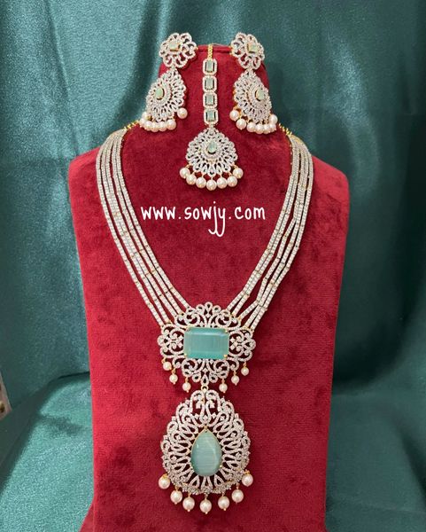 Very Grand Designer Very Big Diamond Pendant Long Designer Necklace with Big and Long Size Earrings and Matching Big Tikka- Mint Green!!!