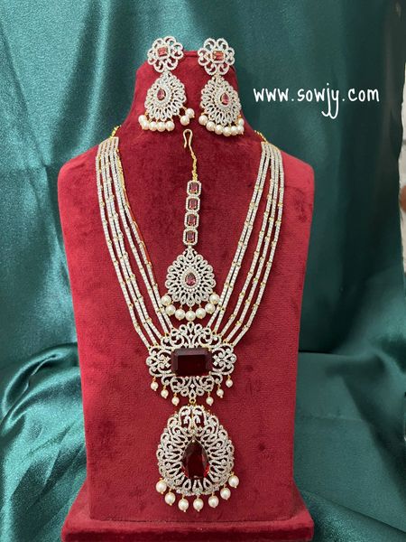 Very Grand Designer Very Big Diamond Pendant Long Designer Necklace with Big and Long Size Earrings and Matching Big Tikka- Red!!!