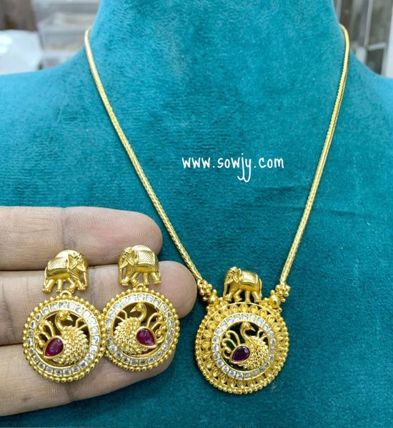 Lovely Elephant Pendant In Gold Chain with Earrings- Ruby and White!!!!