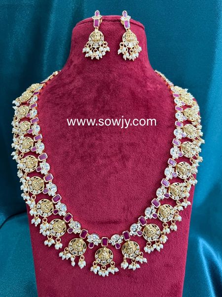 Very Grand Big Size Lakshmi Bottu Design Guttapusalu Long Haaram with Earrings- Ruby and White!!!!