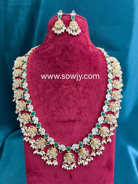 Very Grand Big Size Lakshmi Bottu Design Guttapusalu Long Haaram with Earrings- Emerald and White!!!!