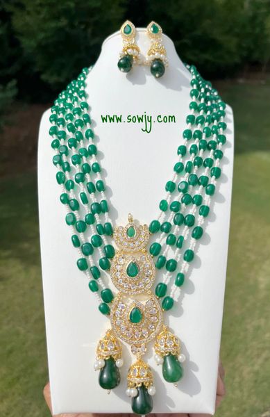 Lovely Ad Stone Triple Long Designer Pendant In 5 Layer Monalisa Beads Long Necklace Set with Jhumkas in Gold Finish-Emerald Green !!!!