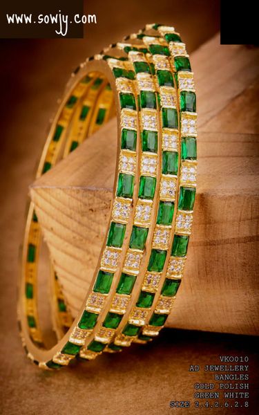 Gold Finish Diamond Look Alike Bangles with Emerald Stones- Set of 4-Size 2.8!!!!