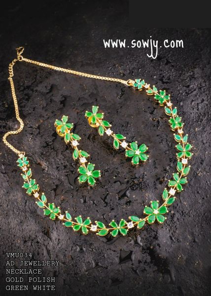 Gold Replica Premium Quality Full Emerald Stone Necklace with Earrings- Just Like Gold!!!