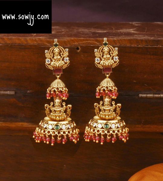 Beautiful Lakshmi Designer Step Jhumkas in Gold Finish- Red Beads Hangings!!!