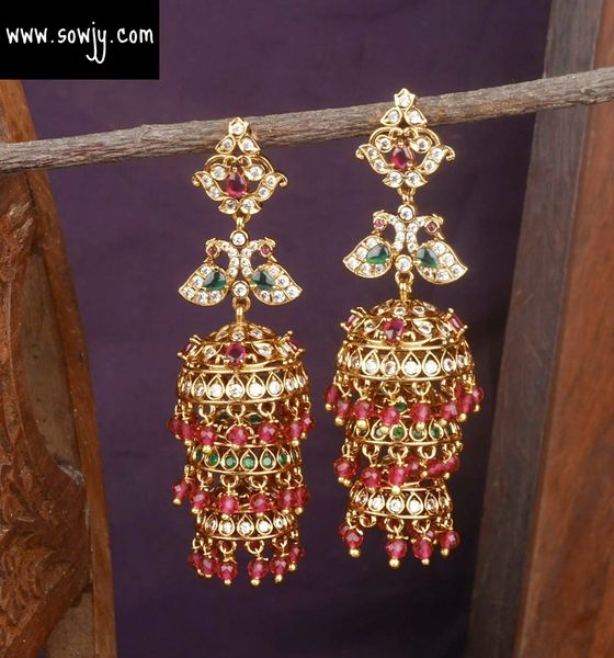 Multi Layer Light Weighted Three Step Long Jhumkas -Multi Color Stones and Red Beads Hangings!!!!