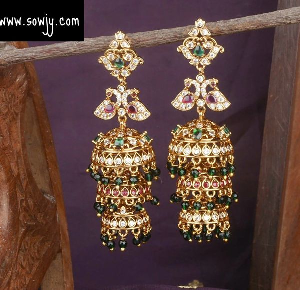 Multi Layer Light Weighted Three Step Long Jhumkas -Multi Color Stones and Green Beads Hangings!!!!