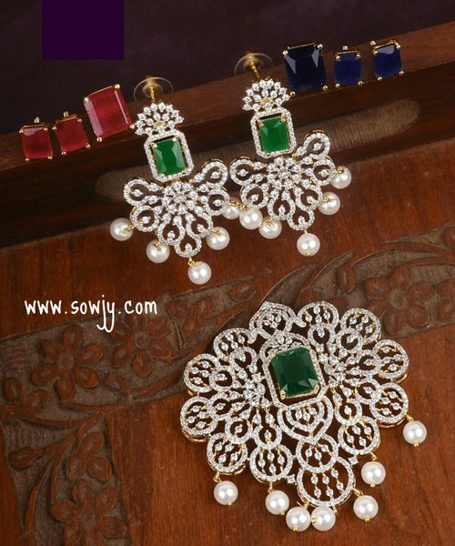 Floral Big Size Diamond Look ALike Gold Finish Pendant with Changeable Stones and matching Earrings-3 Colors-Red,Green and Blue!!!!