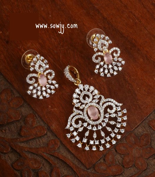 Lovely Diamond Look ALike Medium Size Gold Finish Floral Design Pendant and Earrings -Pastel Pink Stones!!!