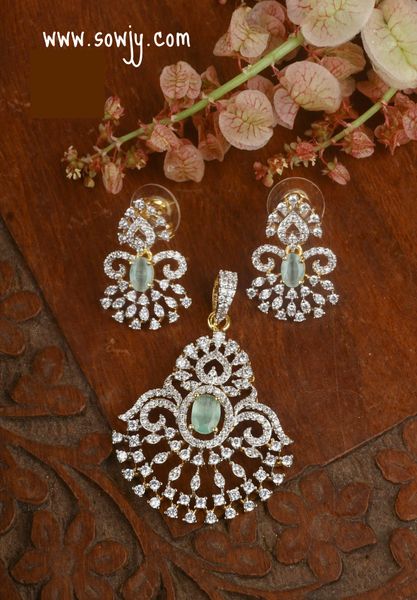 Lovely Diamond Look ALike Medium Size Gold Finish Floral Design Pendant and Earrings -Mint Green Stones!!!