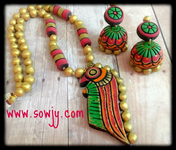 Parrot Terracotta Set in Red,Green and Gold with Large Sized Jhumkas!!!!