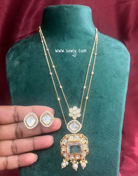 Moissanite Stone Elegant Floral Pendant in Two Layer Designer Gold Chain with Moissanite Stone Earrings-FULL WHITE Center Stone!!!!