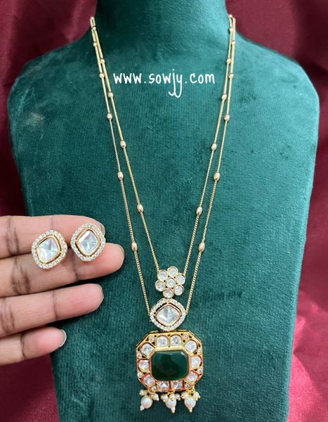 Moissanite Stone Elegant Floral Pendant in Two Layer Designer Gold Chain with Moissanite Stone Earrings-Green Center Stone!!!!