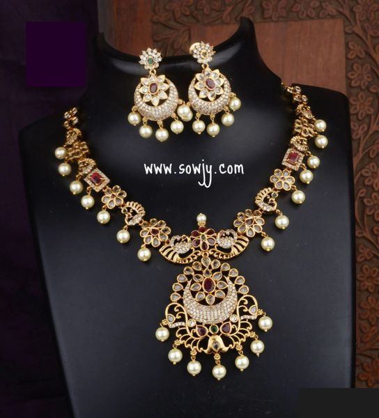 Lovely Peacock Designer Kemp Stone Gold Finish Necklace with Chaandbali Earrings!!!!