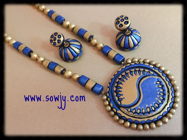 Grand Semi Curved Pattern Terracotta Set in Blue and Gold with Large Sized Jhumkas!!!!