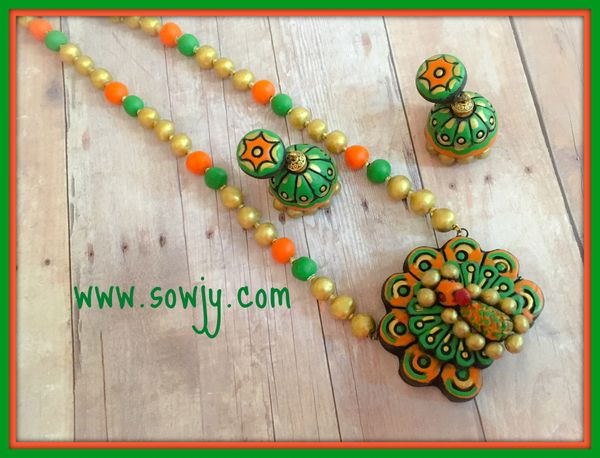 Handmade Peacock Terracotta Set in Orange and Light Green with Medium Sized Jhumkas!!!!