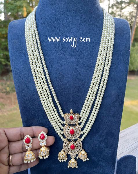 Lovely Gold Finish Coral Red Stones Layered Pendant in 5 Layered Fresh Water Pearls Long Necklace Haaram with Jhumkas !!!!