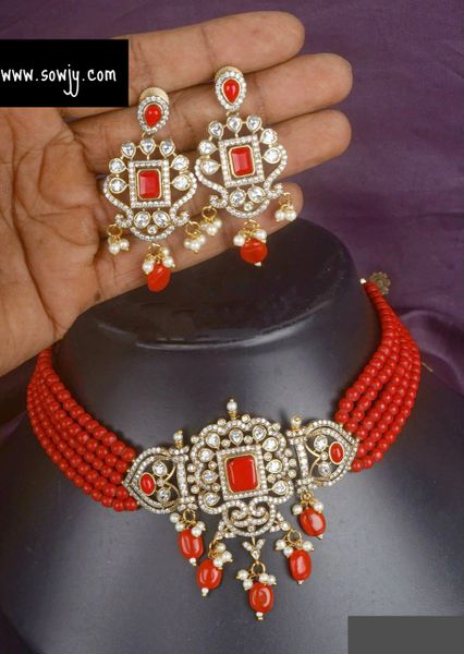 Lovely Victorian Finish Floral Moissanite Stones Pendant Agate Beads Choker with Lovely Earrings- Coral Red!!!!